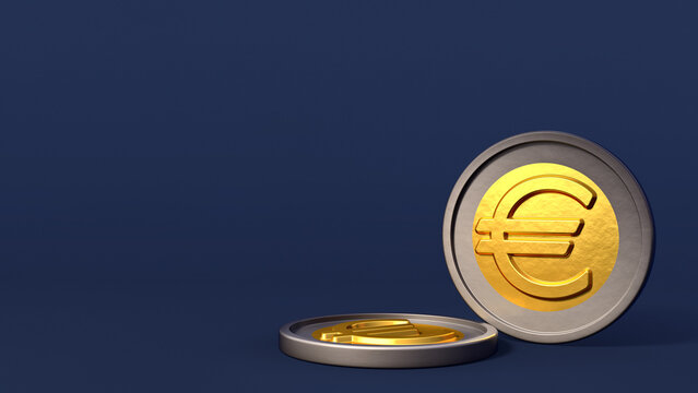 Gold and Silver European Union Euro Coin Icon Symbol in Blue Studio Scene, Isolated Widescreen 8k. 3D Illustration Render.
