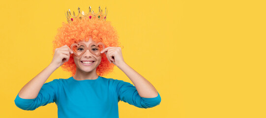 happy teen girl in fancy clown wig wear queen crown and funny party glasses, happiness. Funny...