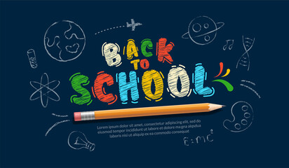 Colorful chalk drawn back to school lettering with realistic pencil background. Online courses, learing and tutorials Web page template. Online education concept