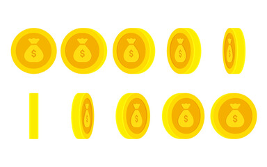 Cartoon money bag gold coin rotating. Animation sprite sheet isolated on white