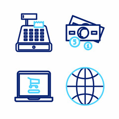Set line Worldwide, Shopping cart on laptop, Stacks paper money cash and Cash register machine icon. Vector