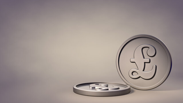 Silver British Pound Sterling Coin Icon Symbol in Studio Scene, Isolated Widescreen 8k. 3D Illustration Render.
