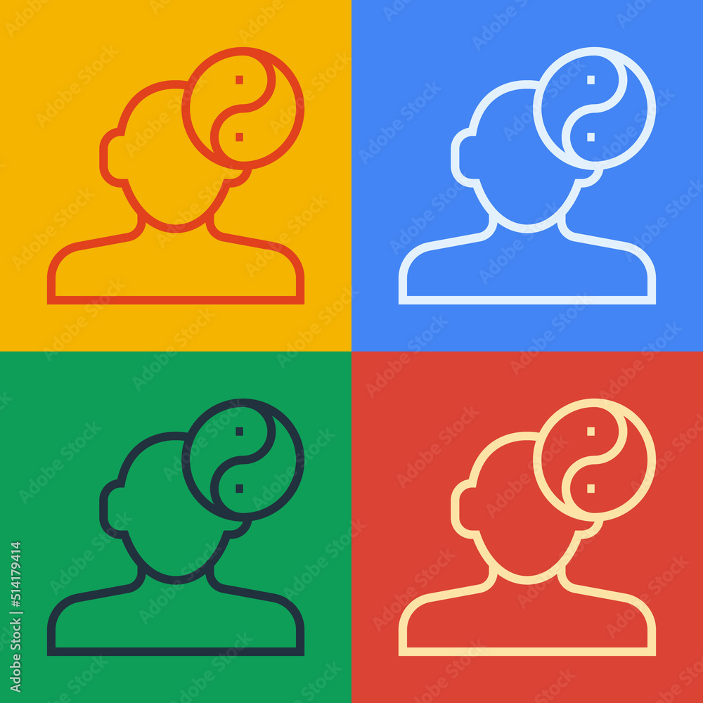 Poster pop art line yin yang symbol of harmony and balance icon isolated on color background. vector