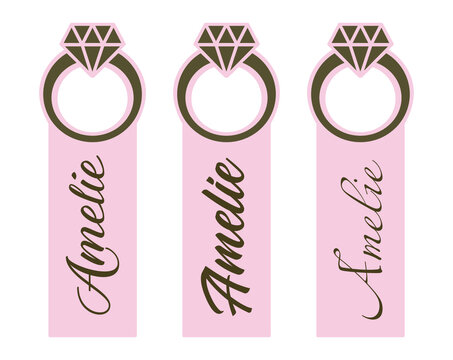Wedding Name Tags Rings Crystal Diamond Shape.Marriage Ring Silhouette Vector Drawing.Label.Invitation Greeting Gift Pink Golden Paper Card Stencil Design.Marrying. Amelie text lettering. DIY cutting 