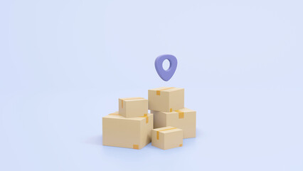 3D Tracking geo parcel in cardboard box. Order delivery confirmation. Track the parcel concept. Cartoon creative design icon isolated on blue background. 3D Rendering