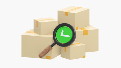 3D Tracking parcel in cardboard box. Order delivery confirmation. Track the parcel concept. Magnifying glass with check mark. Cartoon creative design icon isolated on white background. 3D Rendering