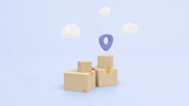 3D Tracking geo parcel in cardboard box. Order delivery confirmation. Track the parcel concept. Cartoon creative design icon isolated on blue background. 3D Rendering