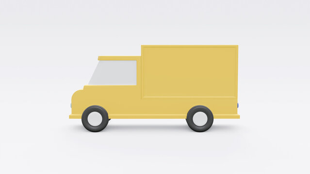 Front or side view. Cartoon yellow car. Truck delivery service and transportation. 3d render