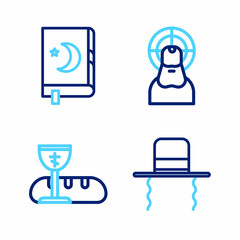 Set line Orthodox jewish hat with sidelocks, First communion symbols, Jesus Christ and Holy book of Koran icon. Vector