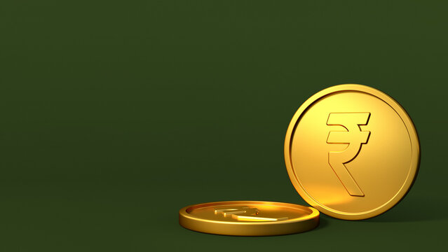 Gold India Rupee Coin Icon Symbol in Green Studio Scene, Isolated Widescreen 8k. 3D Illustration Render.