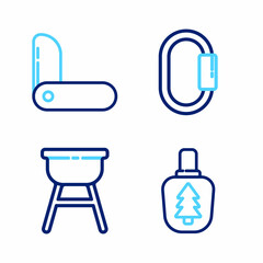 Set line Canteen water bottle, Barbecue grill, Carabiner and Swiss army knife icon. Vector