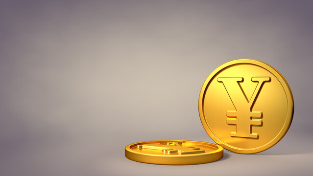 Gold Japan China Yen Yuan Coin Icon Symbol in Studio Scene, Isolated Widescreen 8k. 3D Illustration Render.