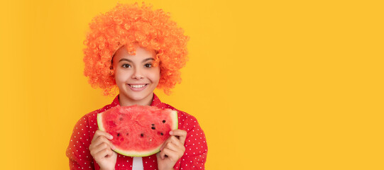 healthy food. fructose healthy eating on summer vacation. fancy teen girl having fun. Summer girl portrait with watermelon, horizontal poster. Banner header with copy space.