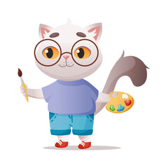 A cute cat pupil painting with a brush and a palette. A vector illustration for stickers and cards for the beginning of school days. 