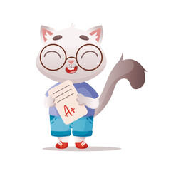 A cute vector cat pupil is enjoyng its good grade at school. 
