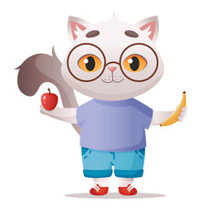 An adorable vector cat with an apple and a banana. An illustration of a kitten and a healthy lifestyle. 