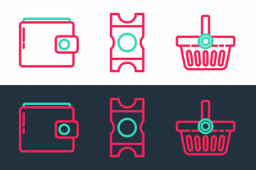 Set line Shopping basket, Wallet and Coupon icon. Vector