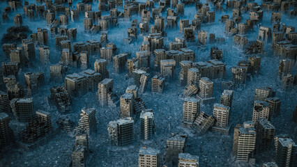 Top view of the city destroyed by the war. Сonsequences of the war in the city. 3d illustration