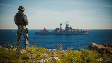 War in Capturing a military base. Soldier on the background of a Warship. 3d illustration © Steamaze