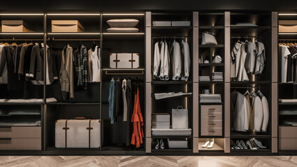 Wardrobes with clothes. Dressing room with things. Different clothes in wardrobe closet. 3d illustration