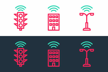 Set line Smart street light, traffic and home with wireless icon. Vector