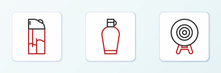 Set line Target sport, Lighter and Canteen water bottle icon. Vector
