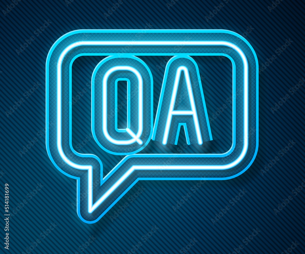 Poster glowing neon line speech bubbles with question and answer icon isolated on blue background. q and a 