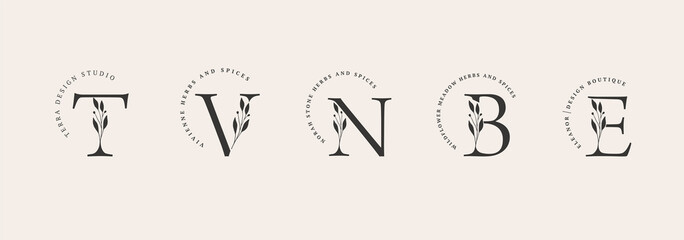 Collection of Botanical Minimalistic, Initial, Letter Feminine Logos with Organic Plant Elements