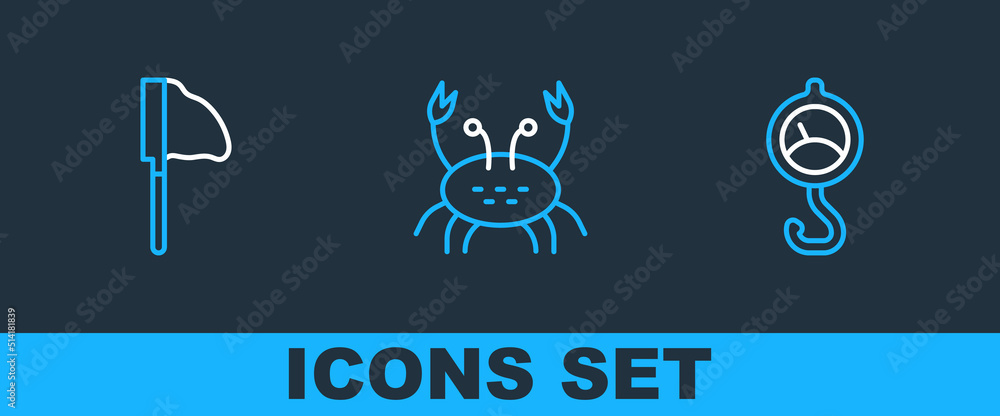 Poster set line spring scale, fishing net with fish and crab icon. vector