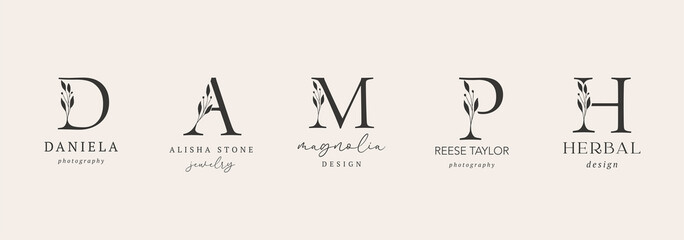 Collection of Botanical Minimalistic, Initial, Letter Feminine Logos with Organic Plant Elements