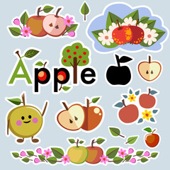 Apple vector art stickers, apple  little character and logo, apple fruit set, icon, edible 