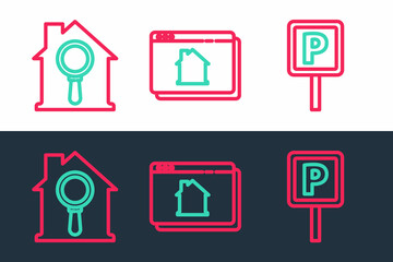 Set line Parking, Search house and Online real estate icon. Vector
