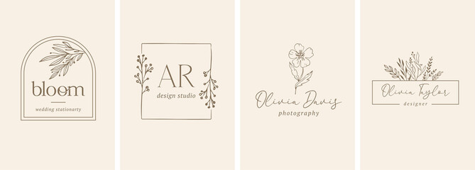 Collection of Botanical Minimalistic, Feminine Logos with Organic Plant Elements