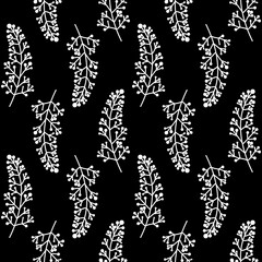 Organic plant seamless pattern on dark background, branch with berries, textile wrapping paper design