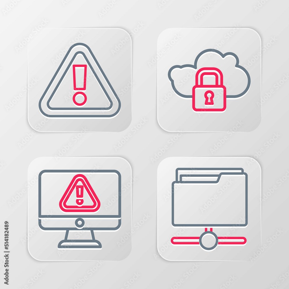 Poster set line ftp folder, monitor with exclamation mark, cloud computing lock and exclamation triangle ic