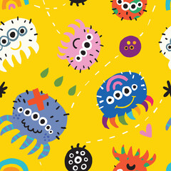 Cartoon funny background with colourful spiders