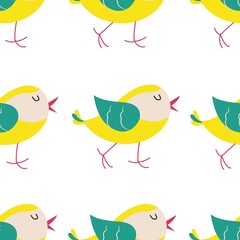 Colorful birds seamless pattern. Exotic birds in different print poses. Vector illustration.
