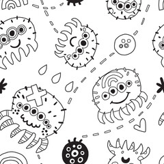 Cartoon doodle background with spiders in contour