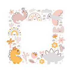 Fototapeta premium Square Vector dino girl frame with dinosaurs and hand drawn flowers, palm, rainbow and cactus with place for your text. Greeting card, poster design scandinavian element