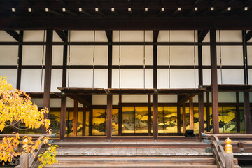 Traditional Japanese architectural details and shoji screens artwork paintings at Kyoto Imperial palace in Japan:  Hall of ceremonies and emperor's residence.