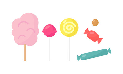 Candy set. Cotton candy, lollipop, chocolate candy, toffee candy. Vector illustration in cartoon style.