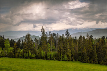 Fototapeta na wymiar Spring cloudy landscape. The Muranska planina plateau national park with The Low Tatras mountain range at background, Slovakia, Europe.