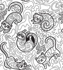 Black and white seamless pattern with cute tiger cartoon characters
