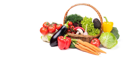 variety of fresh and ripe vegetables isolated on white. copy space. vegetarian food