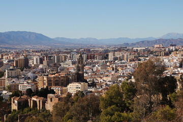 Fototapeta na wymiar The panorama of Malaga and Malaga Cathedral from Gibralfaro hill, Spain