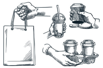Take away food and drink packs. Human hand holding coffee cups and paper bag. Vector hand drawn sketch illustration - 514184013