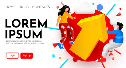 Landing page. Business team with growing arrow. Concept business success vector illustration. 3d cartoon character style.
