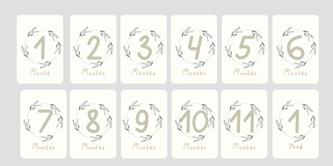 Cute set of monthly milestone cards. Baby postcards with numbers and flowers for a newborn boy or girl. Print baby shower, baby's birthday. Kids collection of 1-11 months and 1 year. Nursery design