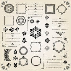 Vintage set of horizontal, square and round elements. Black elements for backgrounds, frames and monograms. Classic patterns. Set of vintage patterns - 514184224