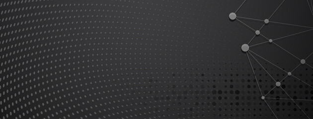 Abstract background in gray and black colors made of big and small dots connected by straight lines